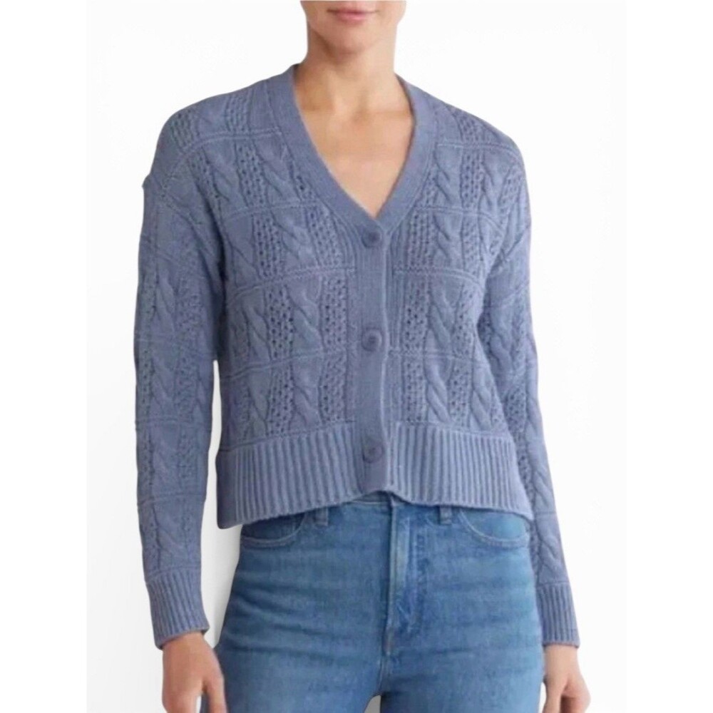 Madewell Blue Open Stitch Cable Knit Cotton Cardigan Sweater Sz M Timeless Cold